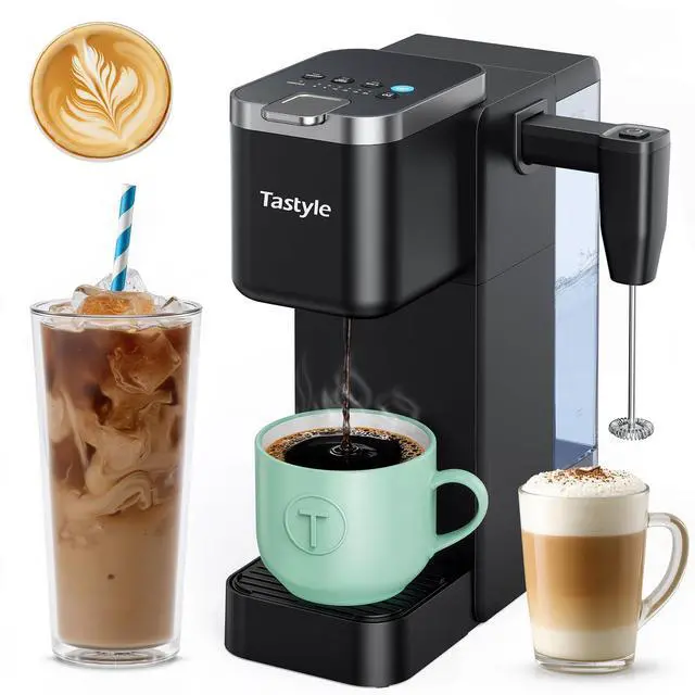 Main image of Single Serve Coffee Maker with Built-in Detachable Milk Frother, Iced and Hot Coffee Machine for K Cup & Grounds, 40oz Removable Water Reservoir, 6 Cup Sizes, Fits 7.3" Travel Mug, Black