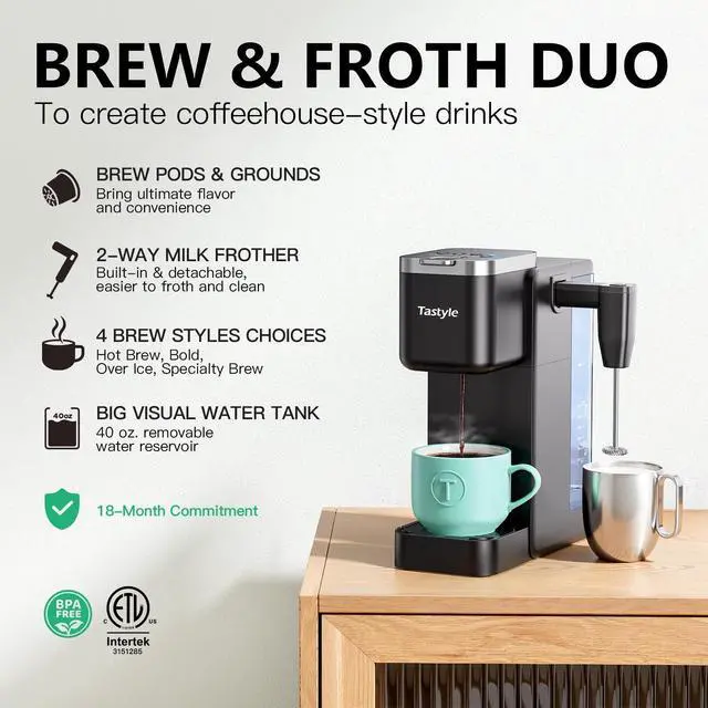 Alt view image 2 of 7 - Single Serve Coffee Maker with Built-in Detachable Milk Frother, Iced and Hot Coffee Machine for K Cup & Grounds, 40oz Removable Water Reservoir, 6 Cup Sizes, Fits 7.3" Travel Mug, Black