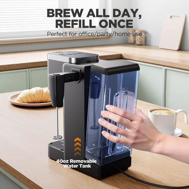 Alt view image 6 of 7 - Single Serve Coffee Maker with Built-in Detachable Milk Frother, Iced and Hot Coffee Machine for K Cup & Grounds, 40oz Removable Water Reservoir, 6 Cup Sizes, Fits 7.3" Travel Mug, Black