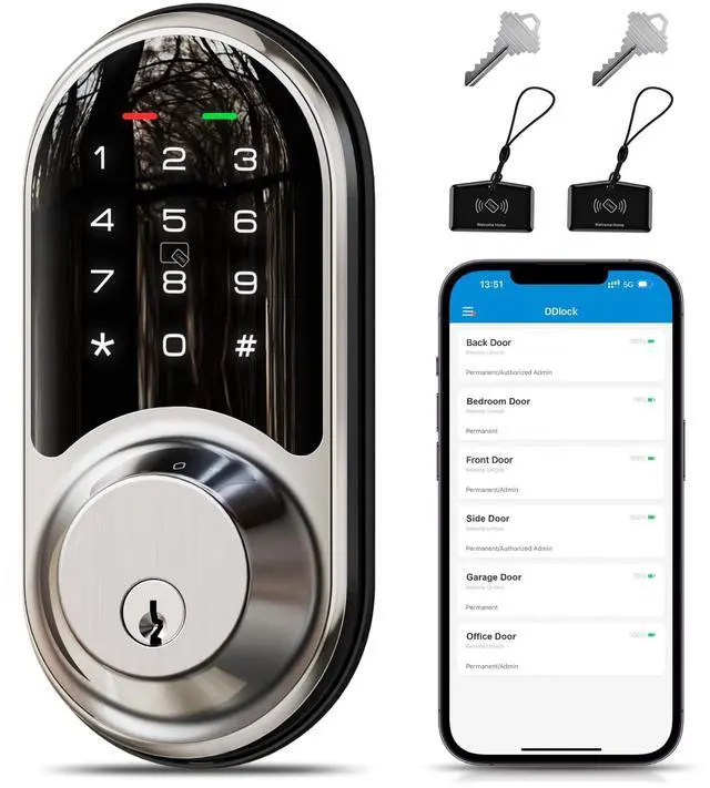 Main image of RZ06 Smart Lock for Front Door with App Control, Satin Nickel