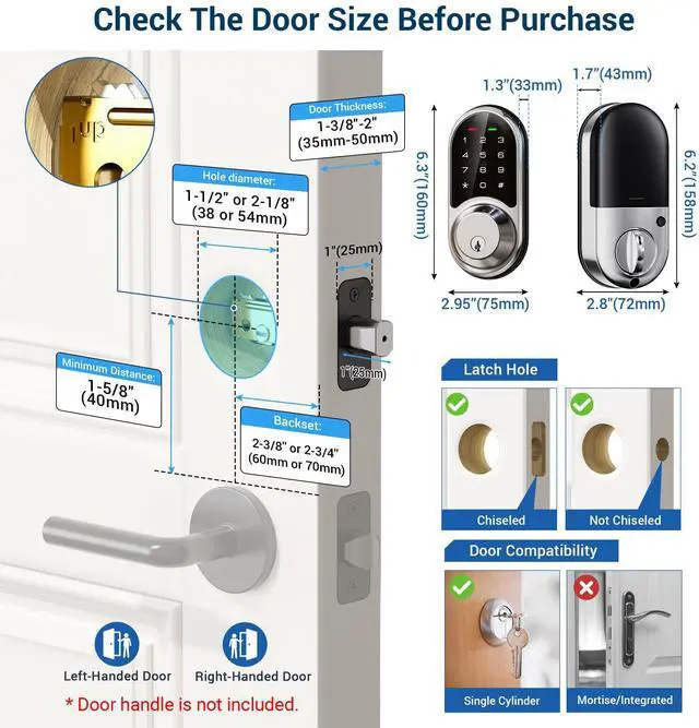 Alt view image 6 of 6 - RZ06 Smart Lock for Front Door with App Control, Satin Nickel