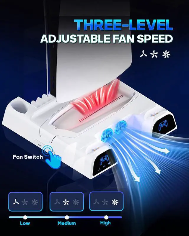 Alt view image 2 of 7 - PS5 & PlayStation 5 Slim Cooling Station Stand with Controller Charging Station for PlayStation 5 Digital & Disc Edition Console, Nargos PS5 & PlayStation 5 Slim Accessories with 3 Level Cooler Fan