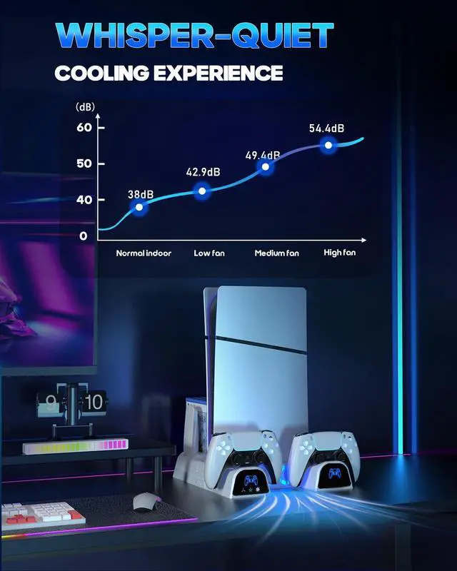 Alt view image 4 of 7 - PS5 & PlayStation 5 Slim Cooling Station Stand with Controller Charging Station for PlayStation 5 Digital & Disc Edition Console, Nargos PS5 & PlayStation 5 Slim Accessories with 3 Level Cooler Fan