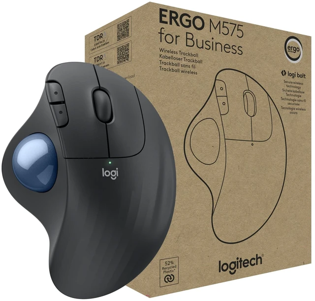 Main image of Ergo M575 for Business Wireless Trackball Mouse - Graphite | Easy thumb control, ergonomic design, secured Logi Bolt, Bluetooth, globally certified, Windows Mac Chrome Linux compatible