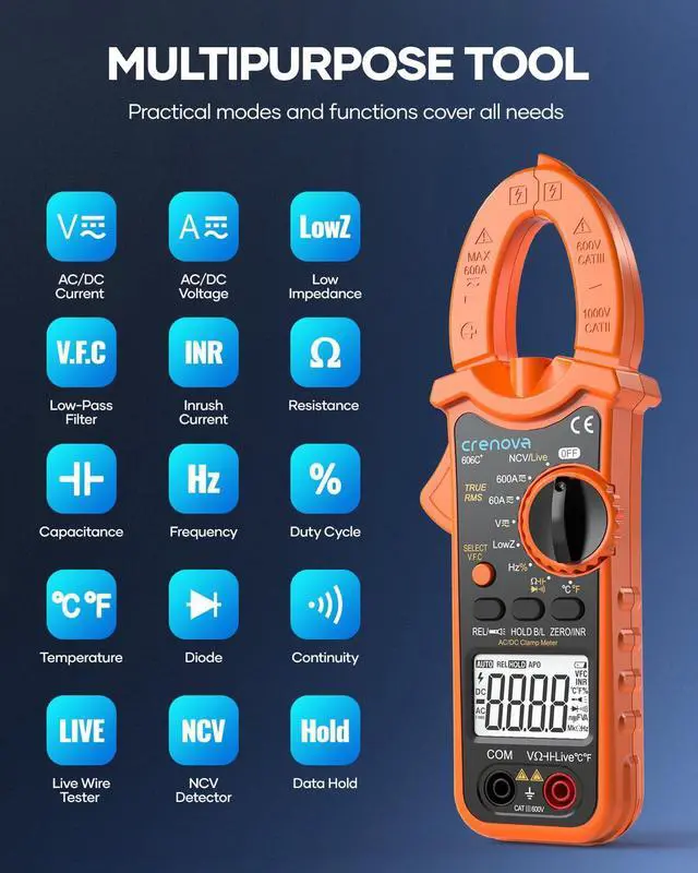 Alt view image 2 of 7 - Clamp Meter Multimeter 6000 Counts TRMS Electrical Tester for AC/DC Current/Voltage,Resistance,Capacitance,Frequency,Duty Cycle,Temperature,Continuity,Diode,NCV for Industrial & Home Use