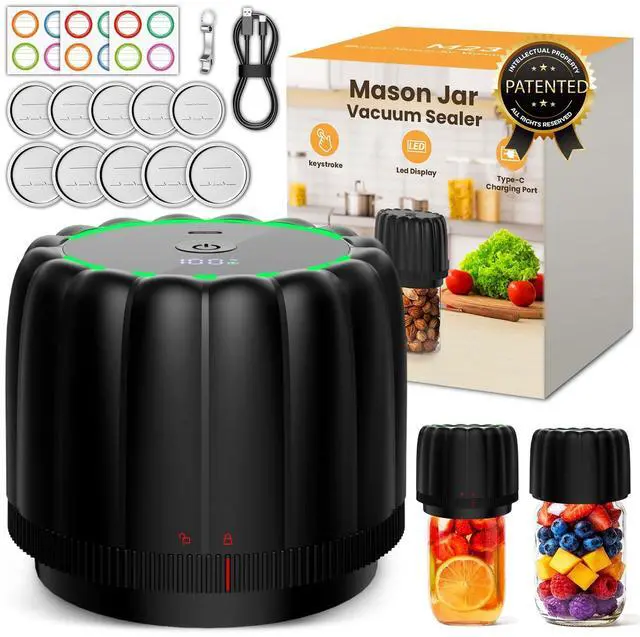 Main image of 2026 Upgraded Electric Mason Jar Vacuum Sealer Kit with Wide and Regular Mouth Mason Lids -80kpa Automatic Vacuum Pump 2500mAh Battery One Touch Canning Sealing Machine for Food Storage Black