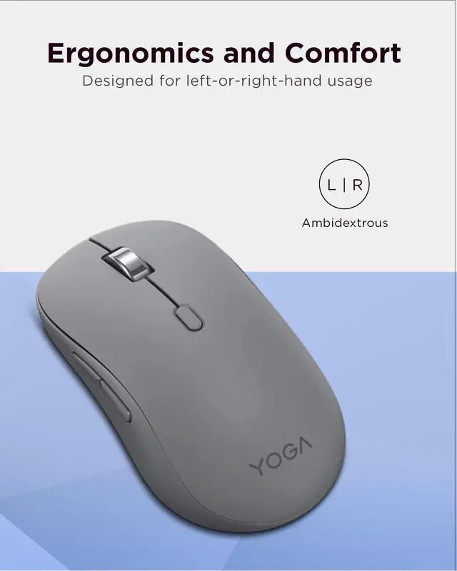 Alt view image 2 of 7 - Yoga Bluetooth Silent Mouse, 3 Level DPI Adjustment, 36 Month Battery Life, Bluetooth 5.3, 3 Device Paring, Whisper Quiet, Programmable Buttons, Smooth Finish, Luna Grey