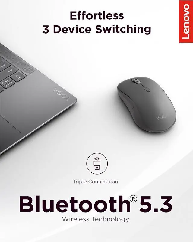 Alt view image 3 of 7 - Yoga Bluetooth Silent Mouse, 3 Level DPI Adjustment, 36 Month Battery Life, Bluetooth 5.3, 3 Device Paring, Whisper Quiet, Programmable Buttons, Smooth Finish, Luna Grey
