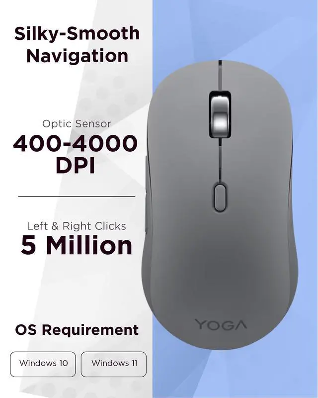 Alt view image 4 of 7 - Yoga Bluetooth Silent Mouse, 3 Level DPI Adjustment, 36 Month Battery Life, Bluetooth 5.3, 3 Device Paring, Whisper Quiet, Programmable Buttons, Smooth Finish, Luna Grey