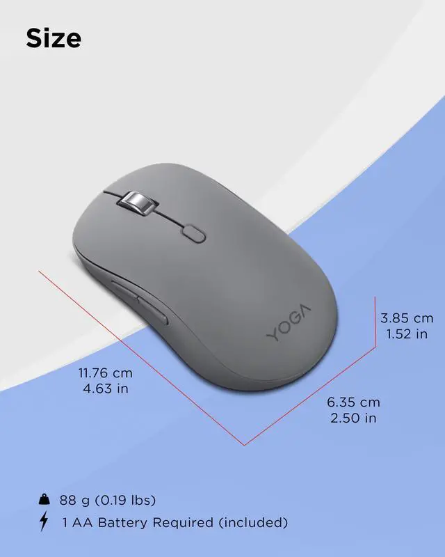 Alt view image 6 of 7 - Yoga Bluetooth Silent Mouse, 3 Level DPI Adjustment, 36 Month Battery Life, Bluetooth 5.3, 3 Device Paring, Whisper Quiet, Programmable Buttons, Smooth Finish, Luna Grey