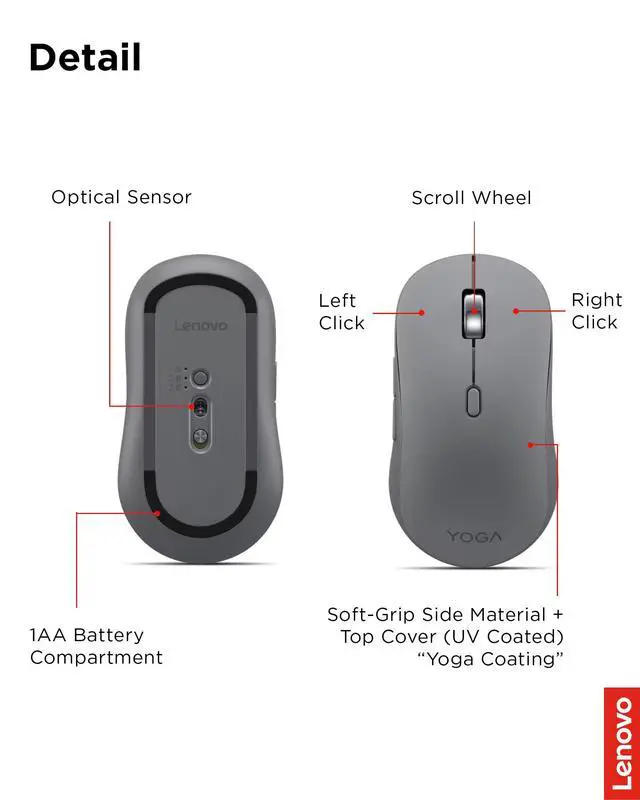 Alt view image 7 of 7 - Yoga Bluetooth Silent Mouse, 3 Level DPI Adjustment, 36 Month Battery Life, Bluetooth 5.3, 3 Device Paring, Whisper Quiet, Programmable Buttons, Smooth Finish, Luna Grey
