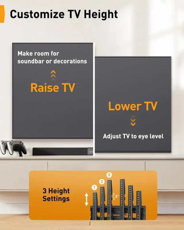 Alt view image 4 of 7 - Full Motion TV Wall Mount for 26-74 inch TVs, Height Adjustable TV Mount, Pre-Assembled Wall Mount TV Bracket with Tool-Free Tilt, Swivel, Fits 16 Studs, 99 lbs, Max VESA 400x400mm, PGMF21