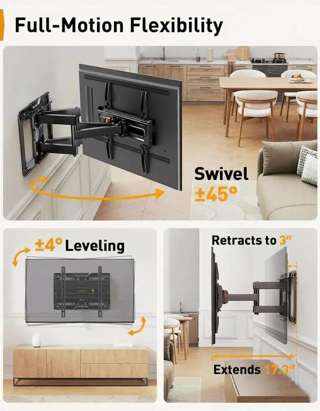 Alt view image 6 of 7 - Full Motion TV Wall Mount for 26-74 inch TVs, Height Adjustable TV Mount, Pre-Assembled Wall Mount TV Bracket with Tool-Free Tilt, Swivel, Fits 16 Studs, 99 lbs, Max VESA 400x400mm, PGMF21