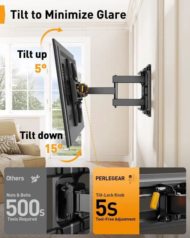 Alt view image 5 of 7 - Full Motion TV Wall Mount for 26-74 inch TVs, Height Adjustable TV Mount, Pre-Assembled Wall Mount TV Bracket with Tool-Free Tilt, Swivel, Fits 16 Studs, 99 lbs, Max VESA 400x400mm, PGMF21