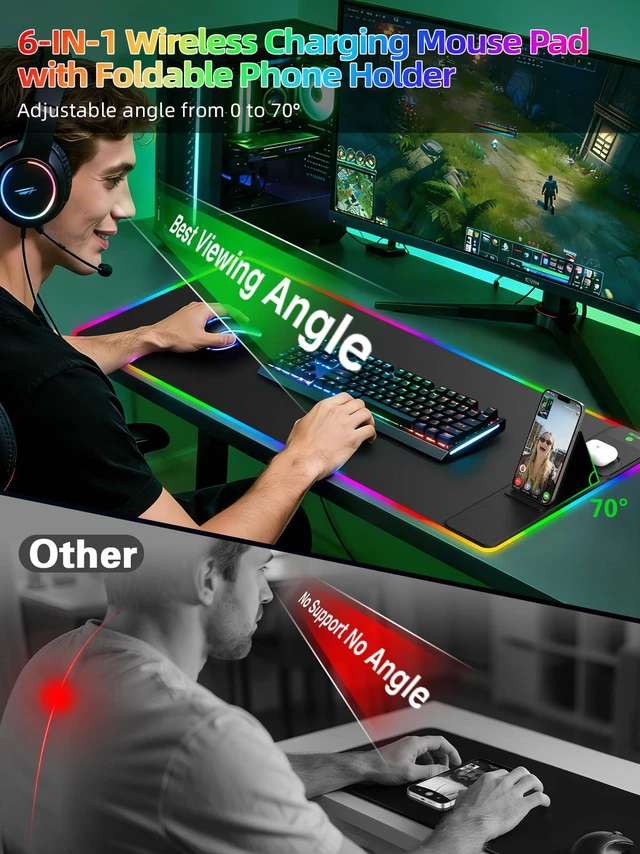 Alt view image 2 of 7 - Mouse Pad with Foldable Phone Holder & Wireless Charger, XXL RGB Gaming Mousepad 31.5"x15.8" Large Desk Mat for Keyboard, Black Desk Pad with Dual Qi Charging Station | 11 Colors 5 Modes | Waterproof
