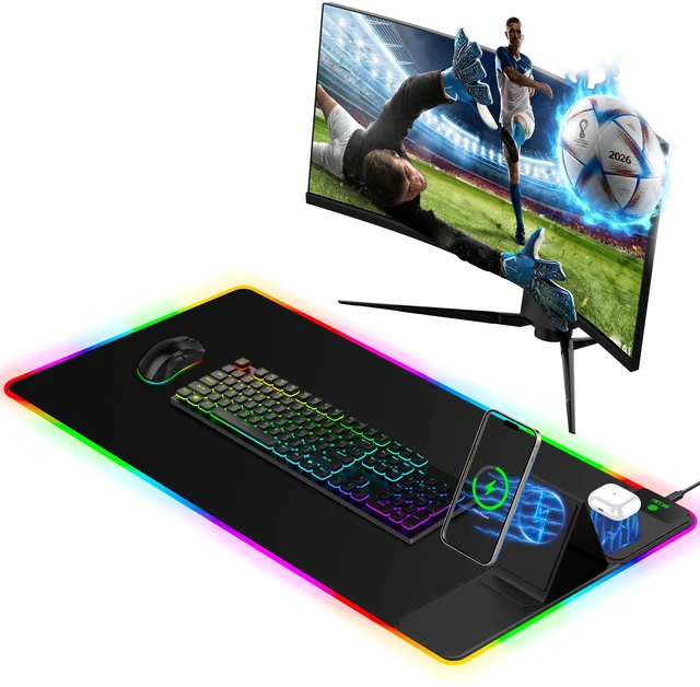 Main image of Mouse Pad with Foldable Phone Holder & Wireless Charger, XXL RGB Gaming Mousepad 31.5"x15.8" Large Desk Mat for Keyboard, Black Desk Pad with Dual Qi Charging Station | 11 Colors 5 Modes | Waterproof