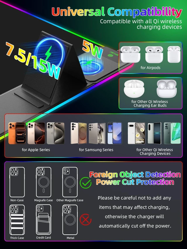 Alt view image 3 of 7 - Mouse Pad with Foldable Phone Holder & Wireless Charger, XXL RGB Gaming Mousepad 31.5"x15.8" Large Desk Mat for Keyboard, Black Desk Pad with Dual Qi Charging Station | 11 Colors 5 Modes | Waterproof