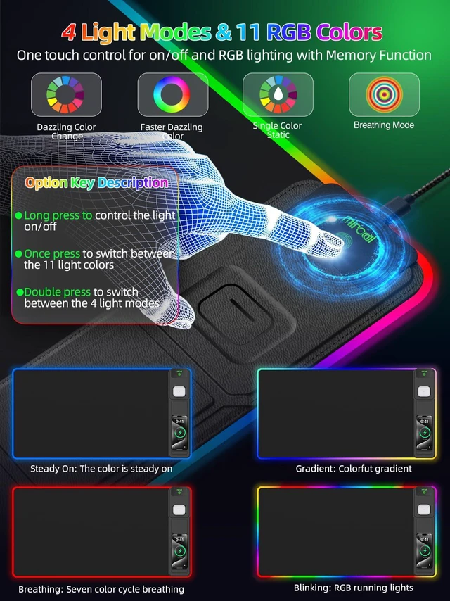 Alt view image 4 of 7 - Mouse Pad with Foldable Phone Holder & Wireless Charger, XXL RGB Gaming Mousepad 31.5"x15.8" Large Desk Mat for Keyboard, Black Desk Pad with Dual Qi Charging Station | 11 Colors 5 Modes | Waterproof