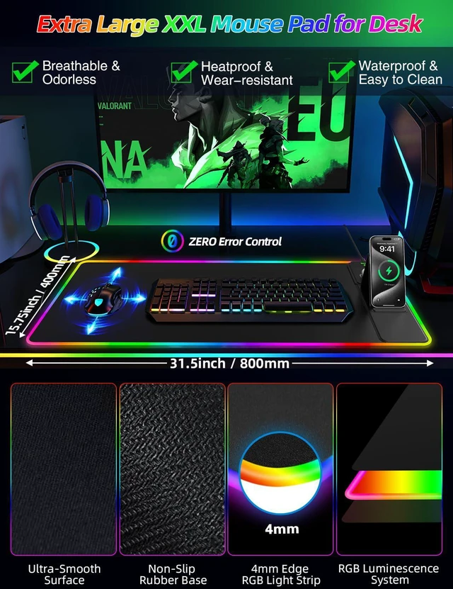 Alt view image 5 of 7 - Mouse Pad with Foldable Phone Holder & Wireless Charger, XXL RGB Gaming Mousepad 31.5"x15.8" Large Desk Mat for Keyboard, Black Desk Pad with Dual Qi Charging Station | 11 Colors 5 Modes | Waterproof