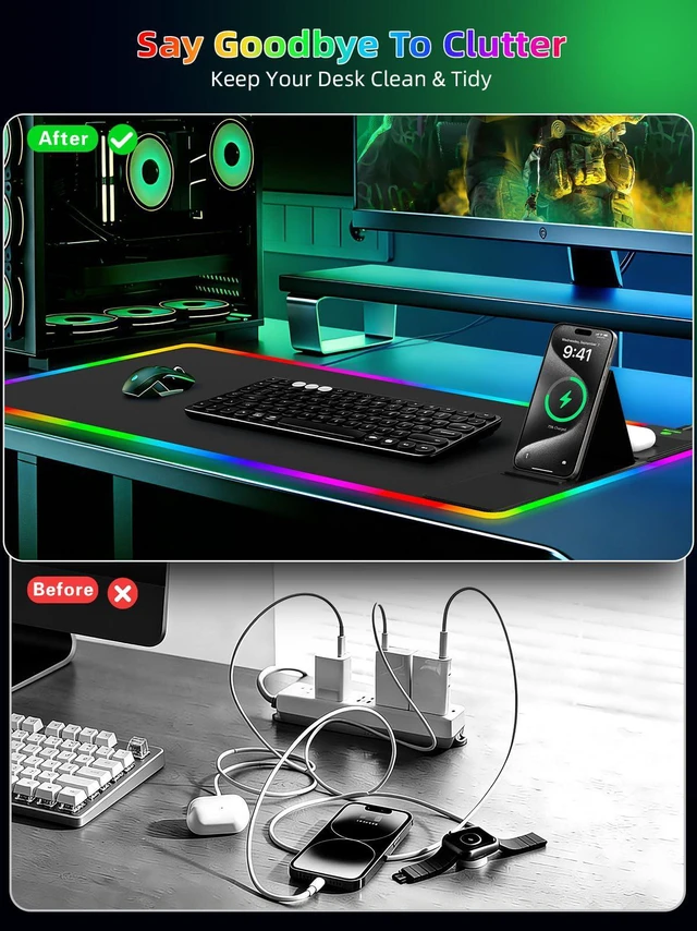 Alt view image 6 of 7 - Mouse Pad with Foldable Phone Holder & Wireless Charger, XXL RGB Gaming Mousepad 31.5"x15.8" Large Desk Mat for Keyboard, Black Desk Pad with Dual Qi Charging Station | 11 Colors 5 Modes | Waterproof