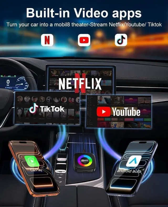 Alt view image 2 of 7 - Wireless Carplay Adapter for iPhone Ai Magic Box with Netflix/YouTube Supports TF/Card Dongle Plug and Play Easy Setup Carplay & Android Auto Video Entertainment for iOS 10+