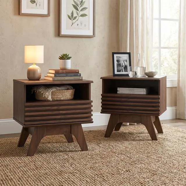 Main image of 18.9" Wide Fluted Nightstand Set of 2, End Table with Drawer and Open Shelf, Mid Century Modern Side Tables with Legs, Bedside Tables for Bedroom, Dark Walnut