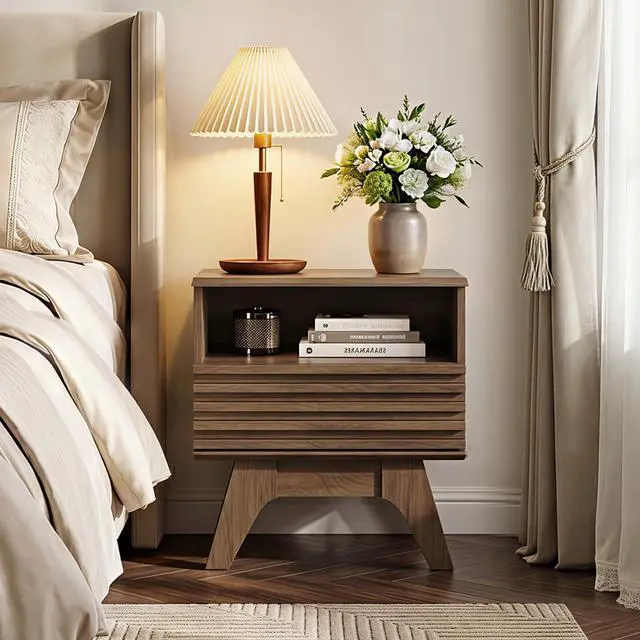 Alt view image 2 of 7 - 18.9" Wide Fluted Nightstand Set of 2, End Table with Drawer and Open Shelf, Mid Century Modern Side Tables with Legs, Bedside Tables for Bedroom, Dark Walnut