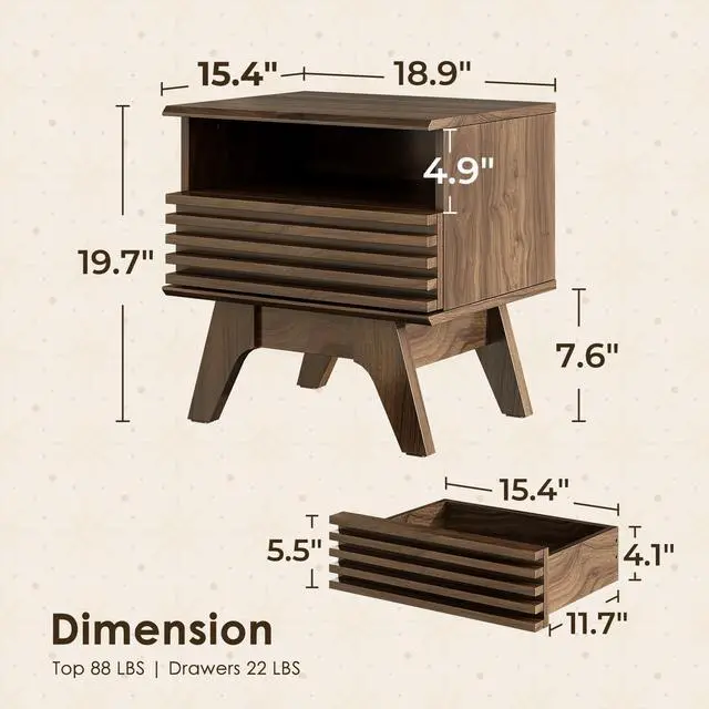 Alt view image 3 of 7 - 18.9" Wide Fluted Nightstand Set of 2, End Table with Drawer and Open Shelf, Mid Century Modern Side Tables with Legs, Bedside Tables for Bedroom, Dark Walnut