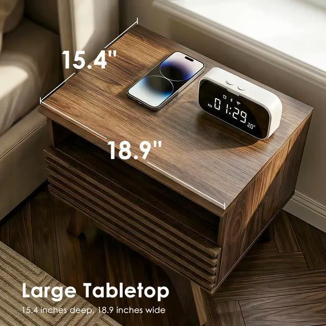 Alt view image 5 of 7 - 18.9" Wide Fluted Nightstand Set of 2, End Table with Drawer and Open Shelf, Mid Century Modern Side Tables with Legs, Bedside Tables for Bedroom, Dark Walnut