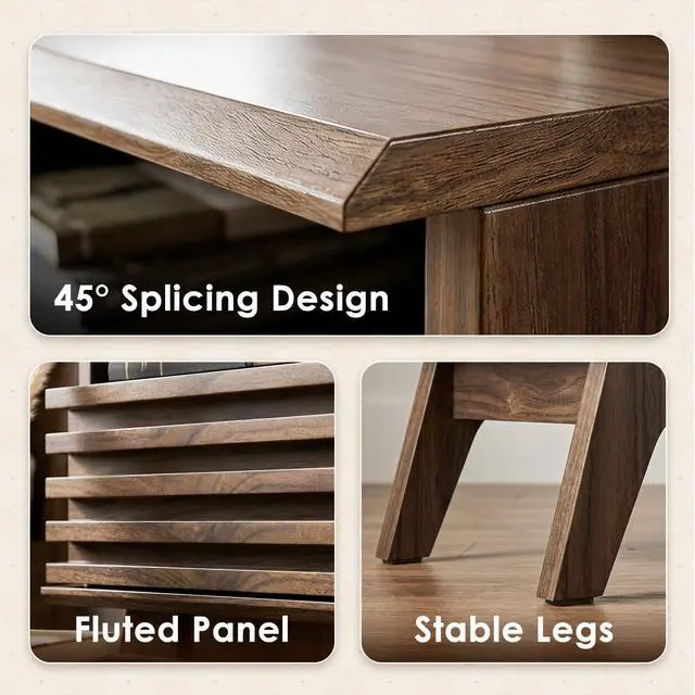 Alt view image 6 of 7 - 18.9" Wide Fluted Nightstand Set of 2, End Table with Drawer and Open Shelf, Mid Century Modern Side Tables with Legs, Bedside Tables for Bedroom, Dark Walnut