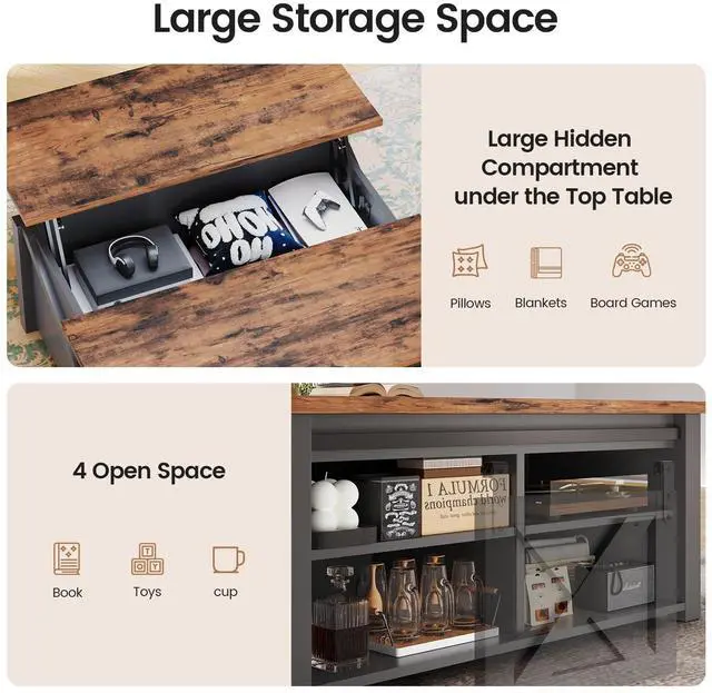 Alt view image 7 of 7 - SEDETA 31.5" Lift Top Coffee Table with Storage, Square Coffee Tables for Living Room, Farmhouse Coffee Table with Large Hidden Storage Compartment and Adjustable Shelves, Black