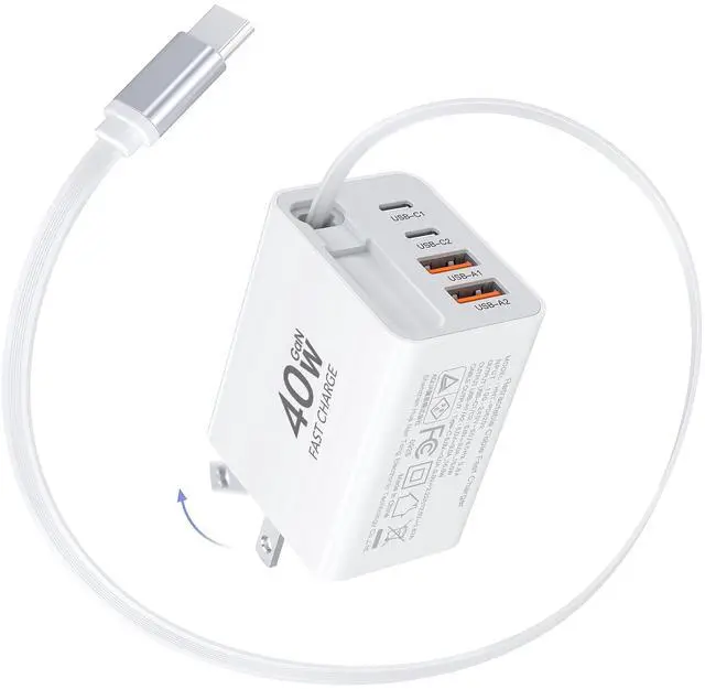Main image of 2026 Updated 40W Retractable Charger,4Port Travel Essentials Multiport,5-in-1 PD Wall Charger Block Plug+2.6ft Type C Cables, Fast Phone Charging Foldable Brick for iPhone 17/16/15 Pro Max,Galaxy