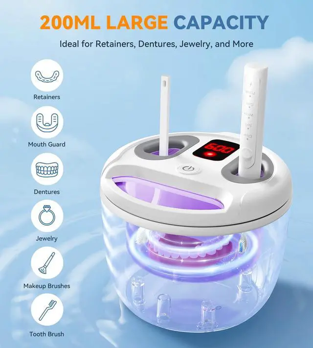 Alt view image 7 of 7 - Ultrasonic Retainer Cleaner, Dental Cleaning Pod for Denture, Mouth Guard, Aligner, Night Guard, Braces, Toothbrush Heads, Jewelry, 45kHz Retainer Cleaner Machine with Digital Timer & 200ML