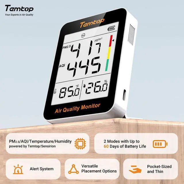 Alt view image 2 of 7 - Air Quality Monitor with Indoor Thermometer & Thermo-Hygrometer PM2.5, AQI, Temperature and Humidity Meter for Home, Office, Nursery, School, 60-Day Battery Life