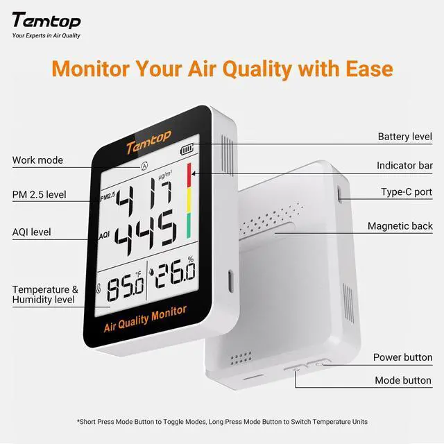 Alt view image 7 of 7 - Air Quality Monitor with Indoor Thermometer & Thermo-Hygrometer PM2.5, AQI, Temperature and Humidity Meter for Home, Office, Nursery, School, 60-Day Battery Life