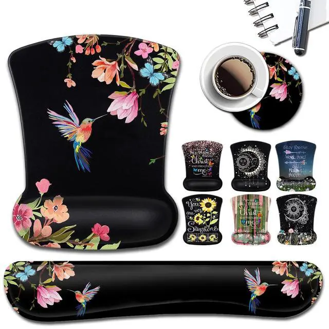 Main image of Ergonomic Mouse Pad with Gel Wrist Rest Support, Gaming Mouse Pad with Cloth, Non-Slip PU Base for Computer, Home, Office, Memory Foam Keyboard Wrist Rest Support, Hummingbird Watercolor Flower