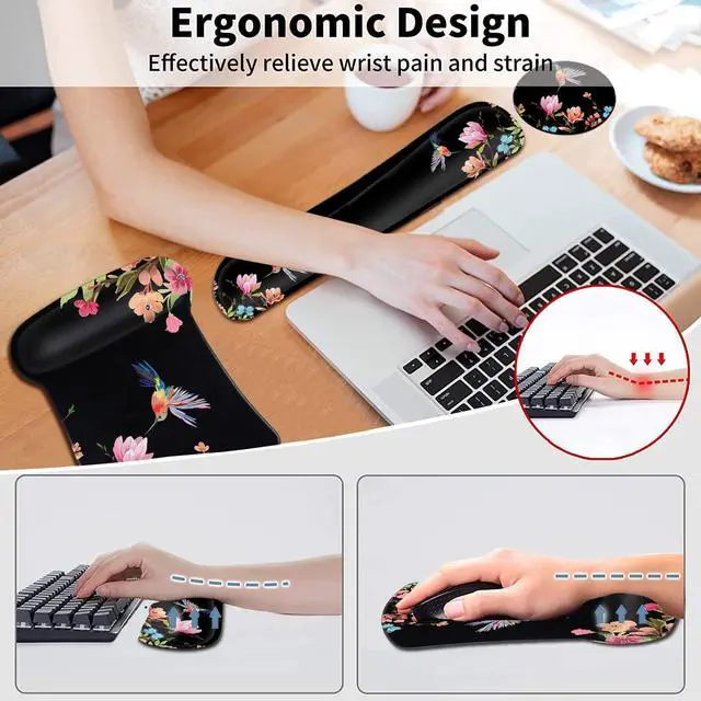 Alt view image 2 of 7 - Ergonomic Mouse Pad with Gel Wrist Rest Support, Gaming Mouse Pad with Cloth, Non-Slip PU Base for Computer, Home, Office, Memory Foam Keyboard Wrist Rest Support, Hummingbird Watercolor Flower