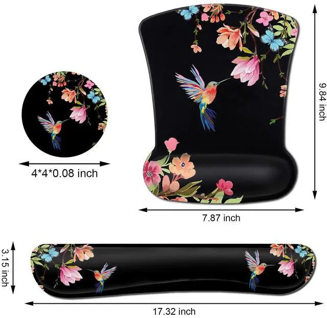 Alt view image 5 of 7 - Ergonomic Mouse Pad with Gel Wrist Rest Support, Gaming Mouse Pad with Cloth, Non-Slip PU Base for Computer, Home, Office, Memory Foam Keyboard Wrist Rest Support, Hummingbird Watercolor Flower