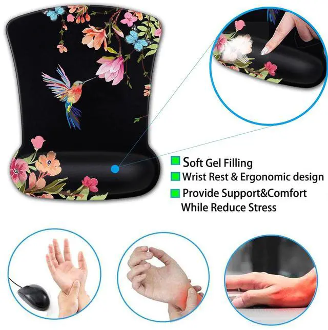 Alt view image 4 of 7 - Ergonomic Mouse Pad with Gel Wrist Rest Support, Gaming Mouse Pad with Cloth, Non-Slip PU Base for Computer, Home, Office, Memory Foam Keyboard Wrist Rest Support, Hummingbird Watercolor Flower