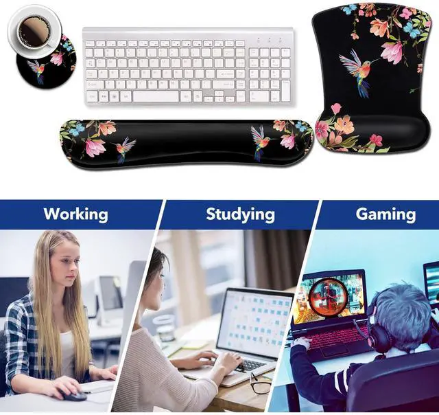 Alt view image 6 of 7 - Ergonomic Mouse Pad with Gel Wrist Rest Support, Gaming Mouse Pad with Cloth, Non-Slip PU Base for Computer, Home, Office, Memory Foam Keyboard Wrist Rest Support, Hummingbird Watercolor Flower