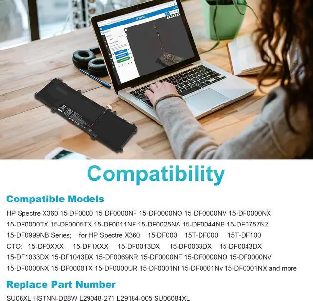 Alt view image 7 of 7 - SU06XL L29184-005 Laptop Battery for HP Spectre X360 Convertible 15-df0xxx 15-df1xxx 15-df0013dx 15-df0033dx 15-df1043dx 15-df0069nr 15t-df000 15t-df100 L29048-271 SU0608XL HSTNN-DB8W SU06084XL