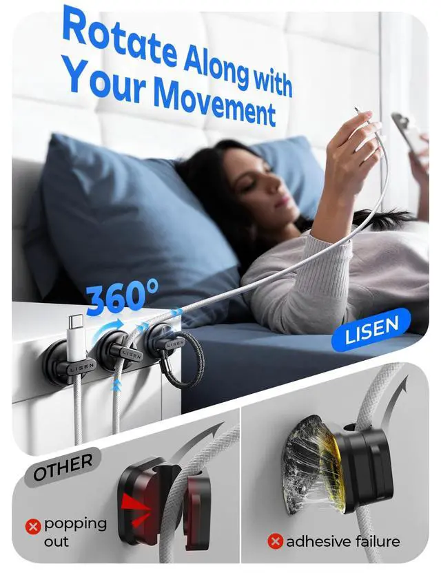 Alt view image 3 of 7 - 6-Pack Rotatable Cord Holder for Nightstand, LISEN 360°Rotating Magnetic Clips, No-Residue Strong Adhesive Cord Organizer for Desk, Phone Cord Holder for Home, Car, Office Desk Accessories