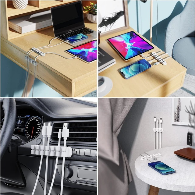 Alt view image 6 of 7 - Upgraded Cable Holder, Cable Management Cord Organizer Clips Silicone Self Adhesive for Desktop USB Charging Cable Power Cord Bedside Wire PC Office Home (3/5/7 slot,White)