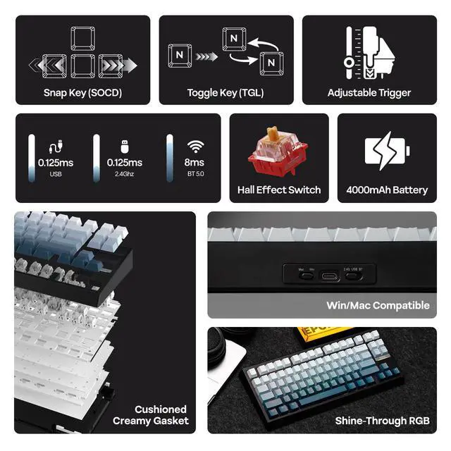 Alt view image 2 of 6 - G84 HE Wireless Hall Effect Keyboard, 8K Polling & 8000mAh, SOCD & DKS, Gaming Keyboard with Fast Trigger & Adjustable Actuation, RGB Backlit, PBT Keycap, Hot-Swap, for Win/Mac (Black)
