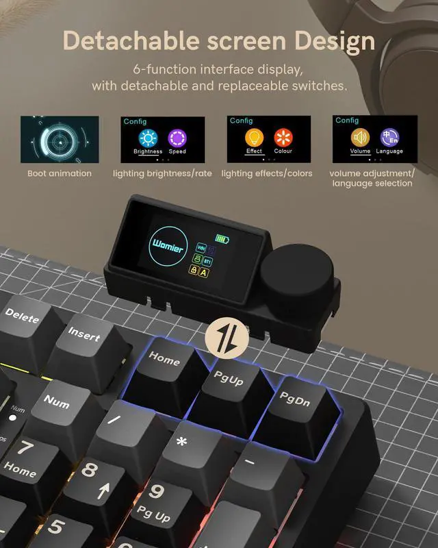 Alt view image 2 of 7 - M98 Wireless Mechanical Keyboard w/Screen & Knob, 96% Gaming Keyboard BT/2.4G/USB-C, Hot Swappable Custom Gaming Creamy Keyboard,with 8000mAh Battery