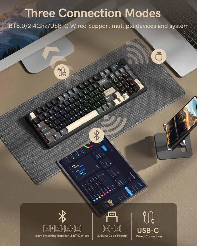 Alt view image 4 of 7 - M98 Wireless Mechanical Keyboard w/Screen & Knob, 96% Gaming Keyboard BT/2.4G/USB-C, Hot Swappable Custom Gaming Creamy Keyboard,with 8000mAh Battery