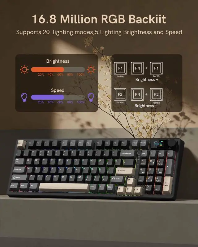 Alt view image 6 of 7 - M98 Wireless Mechanical Keyboard w/Screen & Knob, 96% Gaming Keyboard BT/2.4G/USB-C, Hot Swappable Custom Gaming Creamy Keyboard,with 8000mAh Battery