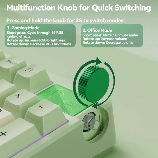 Alt view image 3 of 7 - LEOBOG A98-96% Mechanical Keyboard Wireless, Tri-Mode BT5.0/2.4GHz/USB-C, Creamy Keyboard with Number Pad, Gasket Structure Hot Swappable, RGB Backlit Green Gaming Keyboard with Knob for PC