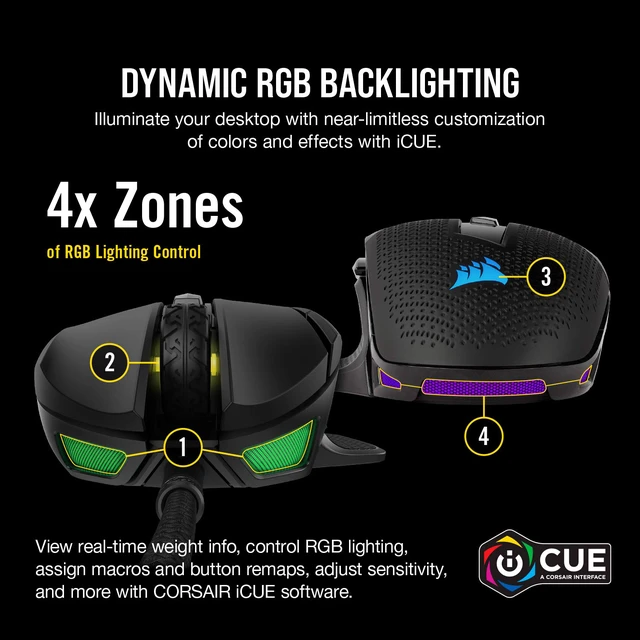 Alt view image 7 of 7 - NIGHTSWORD RGB Adjustable Weight FPS MOBA PC Gaming Mouse Black | 18,000 DPI, 10 Programmable Buttons, Thumb Rest, iCUE Compatible, Wired
