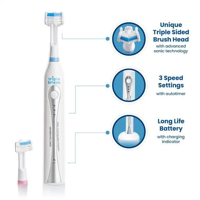 Alt view image 2 of 7 - Original Sonic Toothbrush | Rechargeable 31,000 VPM Tooth Brush | Patented 3 Head Design | Angled Bristles Clean Each Tooth | Dentist Created & Approved Original